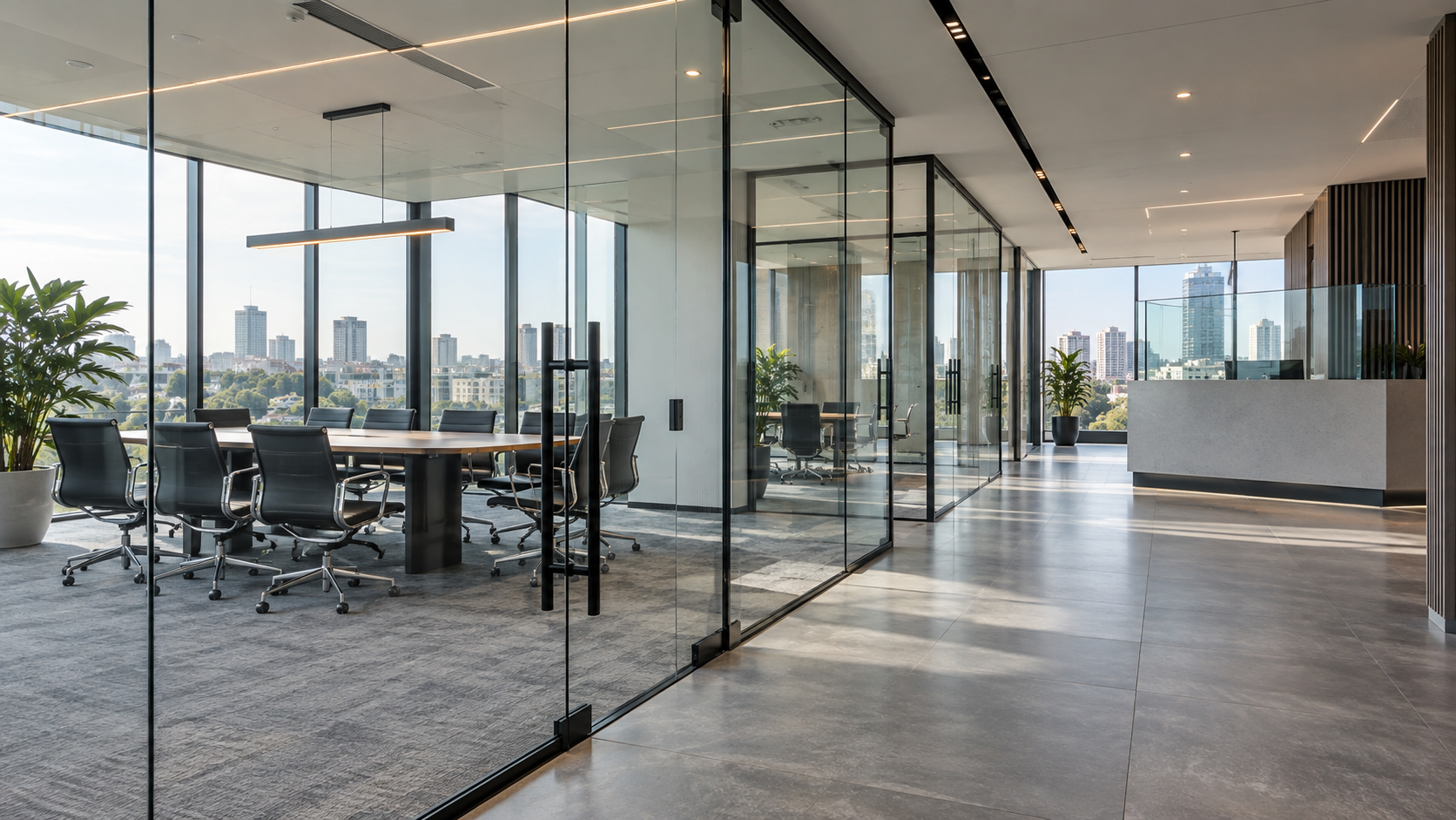 Illustrative frameless office glass partitions