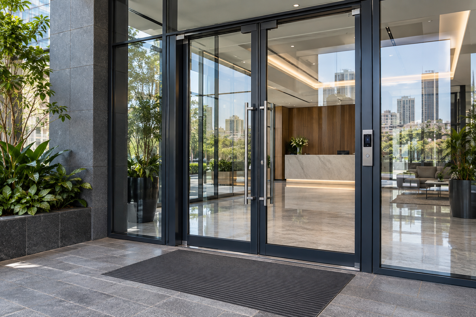 Illustrative secure glass entrance