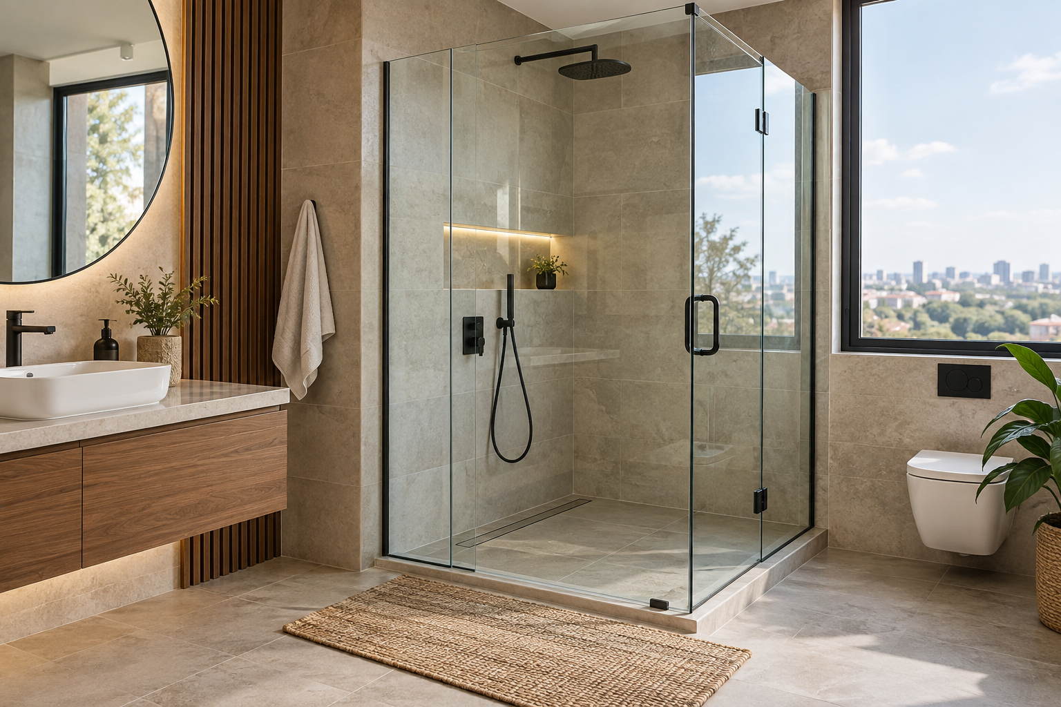 Illustrative frameless glass shower enclosure